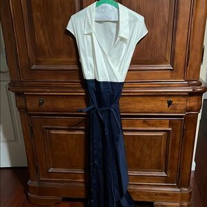 New York & Company White and Blue Wrap Tie Front Maxi Dress